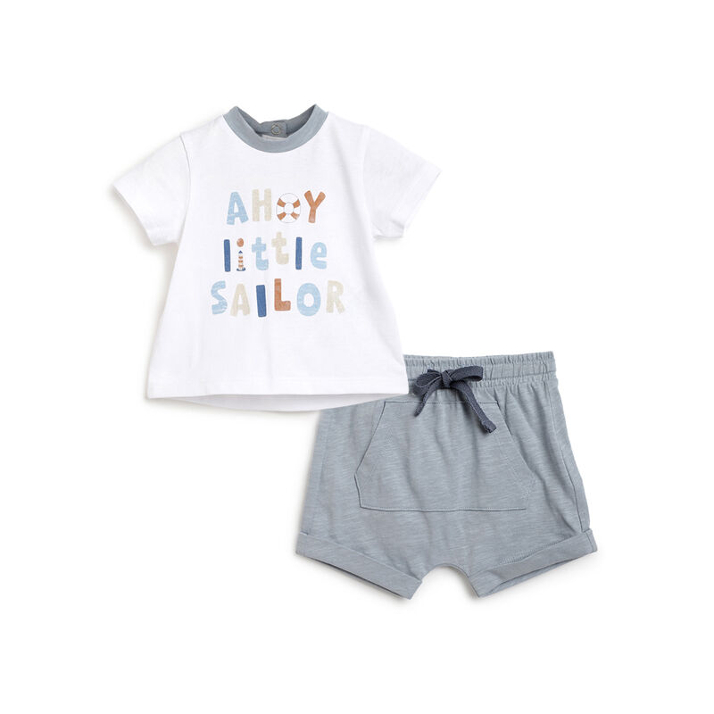Boys Medium Light Blue Printed Outfit with Short Pants image number 0